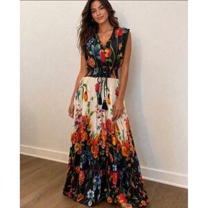 Anthro Me 2 Magic Floral Maxi Dress Black White Red Gold Bohemian Festival Large